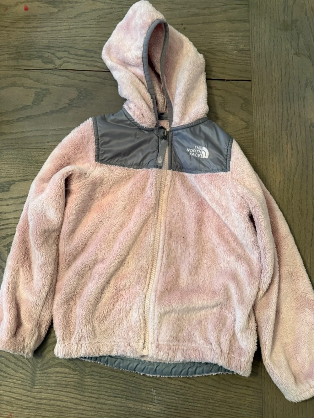 The North Face Kids Pink Hooded Fleece Jacket with Gray Yoke
